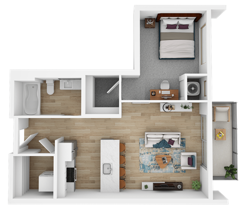 Floor plan for 1 bed, 1 bath, 633 sqft